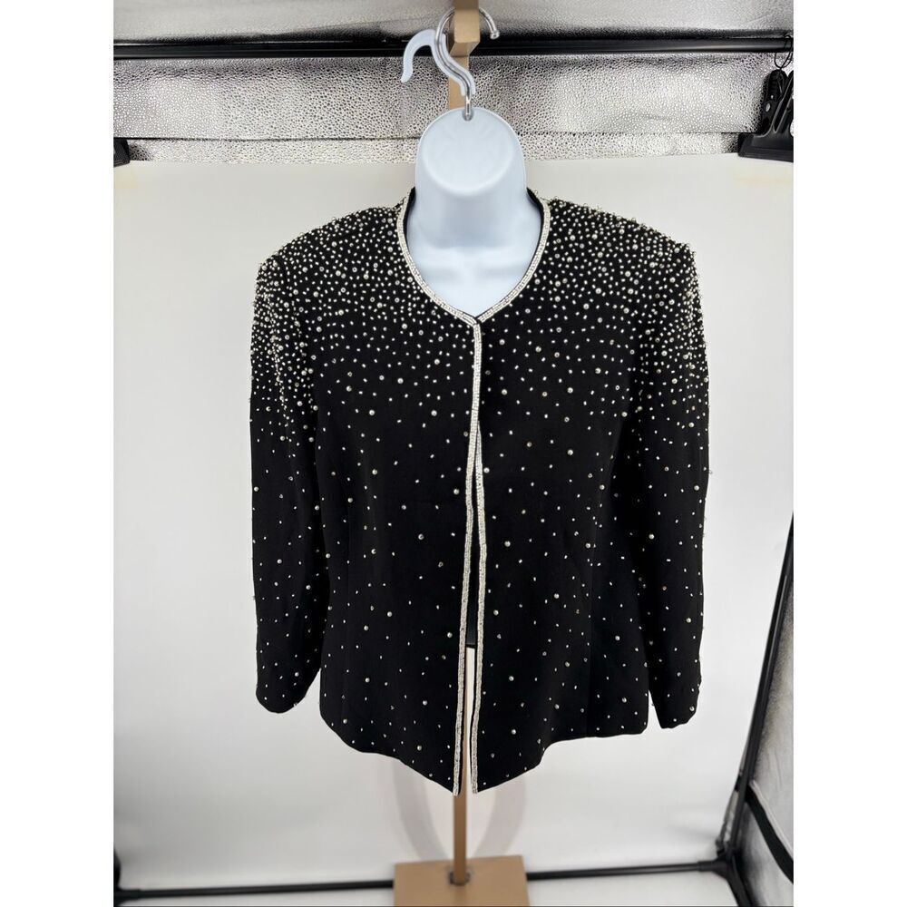 Vintage Beaded Jacket Women 12 Black Embellished Evening Blazer Open Front